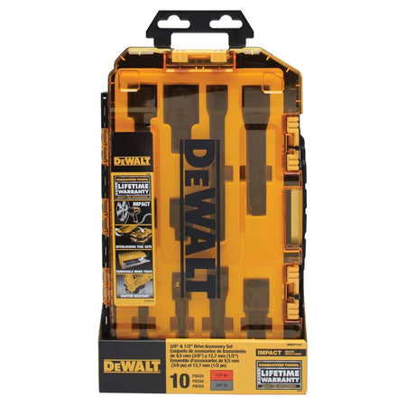 Retail packaging for the DEWALT 10-piece impact accessory set showcasing the 3/8 and 1/2-inch drive components and the lifetime warranty.