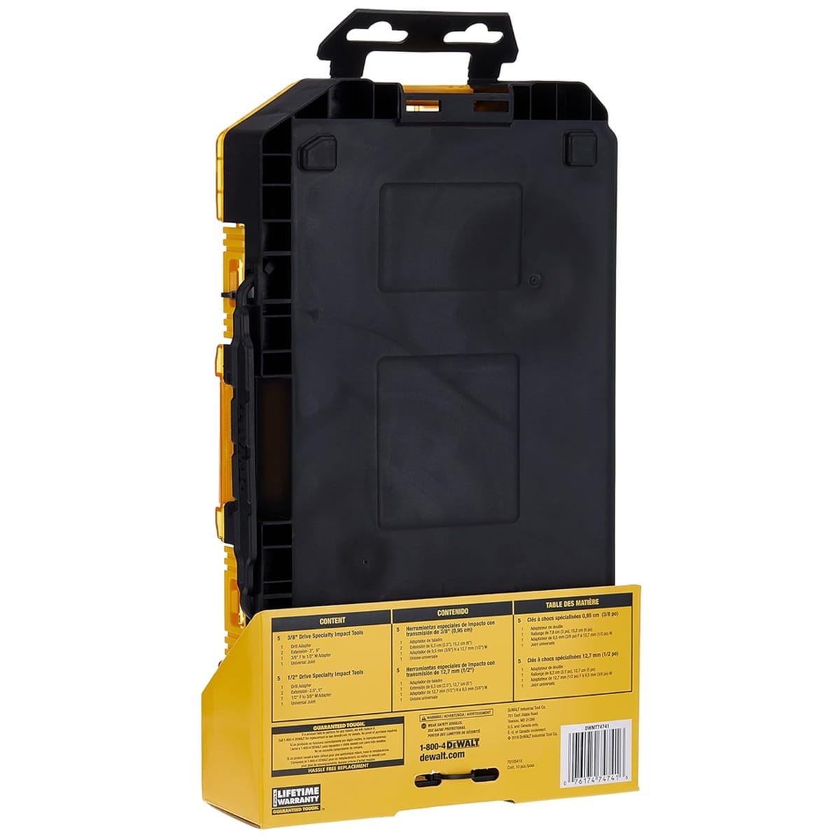 The back of the DEWALT retail package listing the full contents of the 10-piece impact accessory set including drill adapters and universal joints.