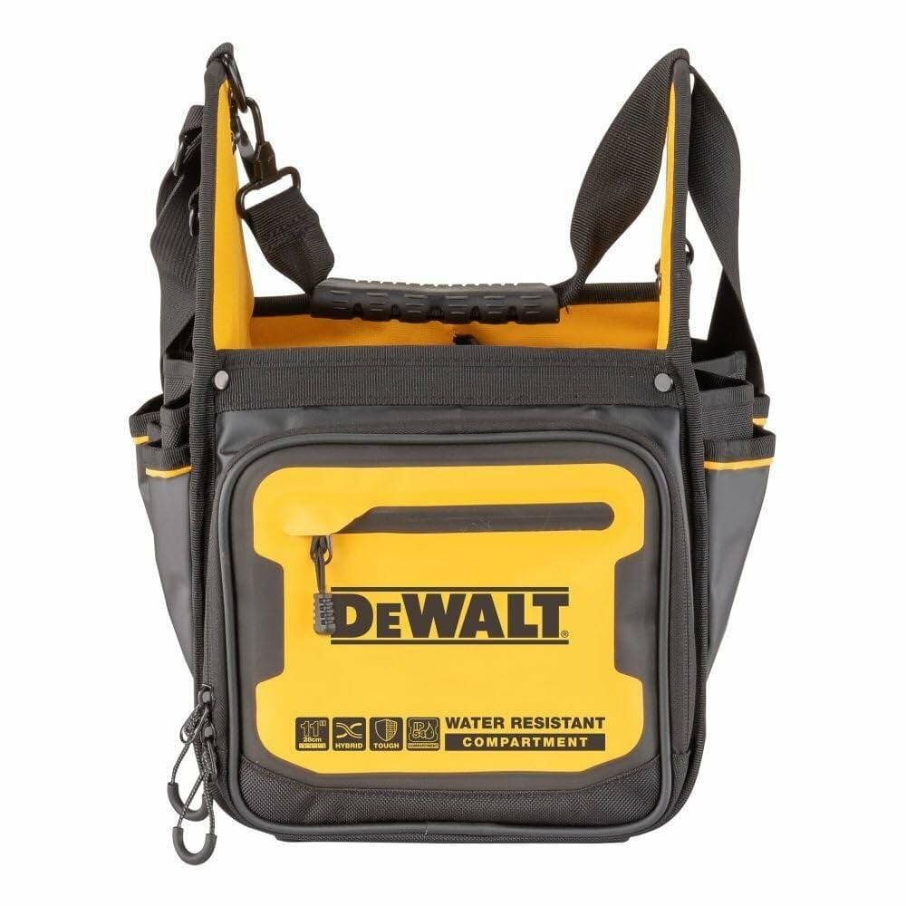 Front view of a DEWALT 11-inch Pro Electrician’s tool tote bag in black with yellow accents. The tote features a zippered front pocket labeled “WATER RESISTANT COMPARTMENT,” a padded metal handle, and multiple exterior pockets for organizing tools and accessories.