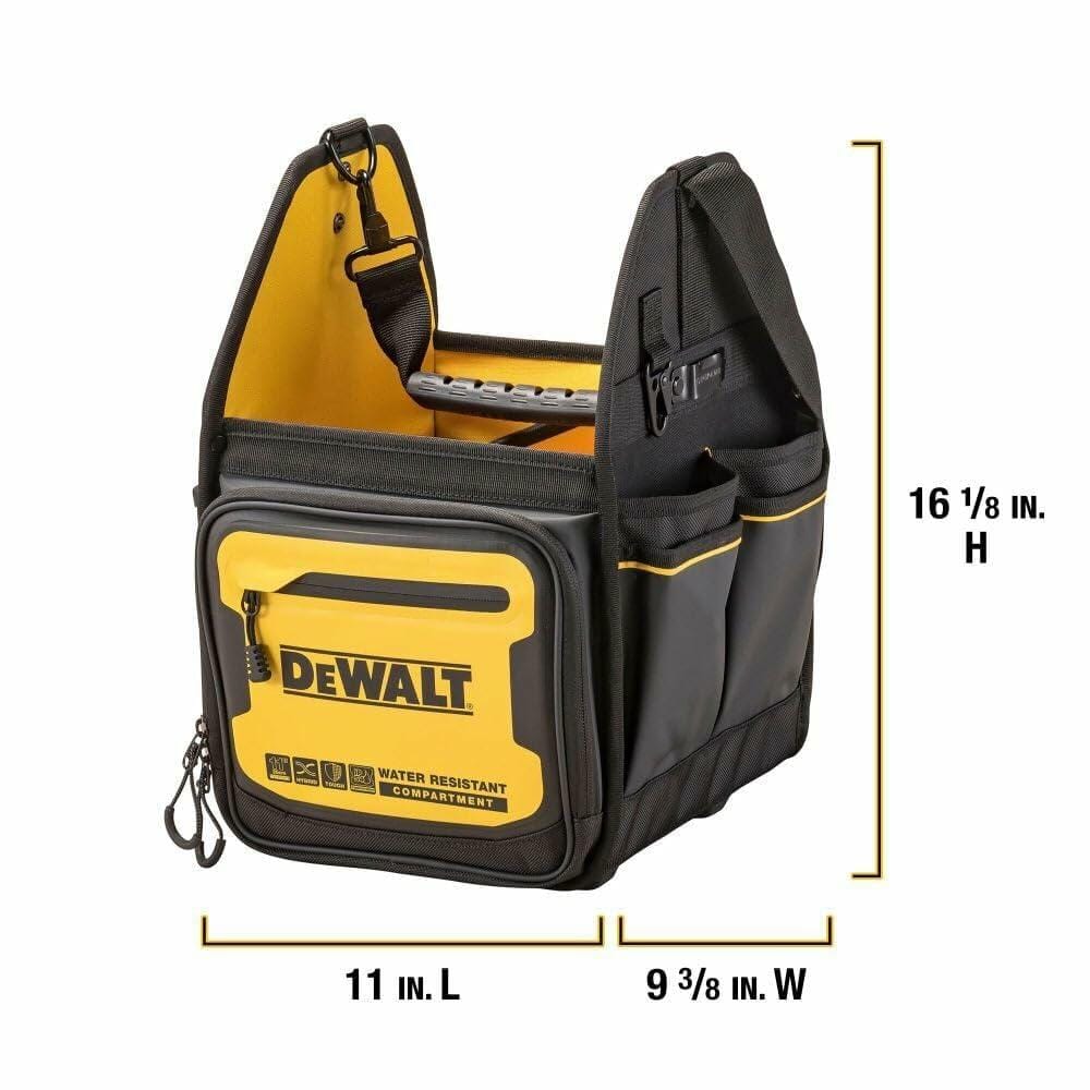 Side view of a DEWALT open-top tool tote bag with dimensions labeled: 20 inches long, 10-5/8 inches wide, and 12-1/2 inches high. The tote includes a padded metal handle, zippered water-resistant front compartment, and multiple external pockets for tool organization.