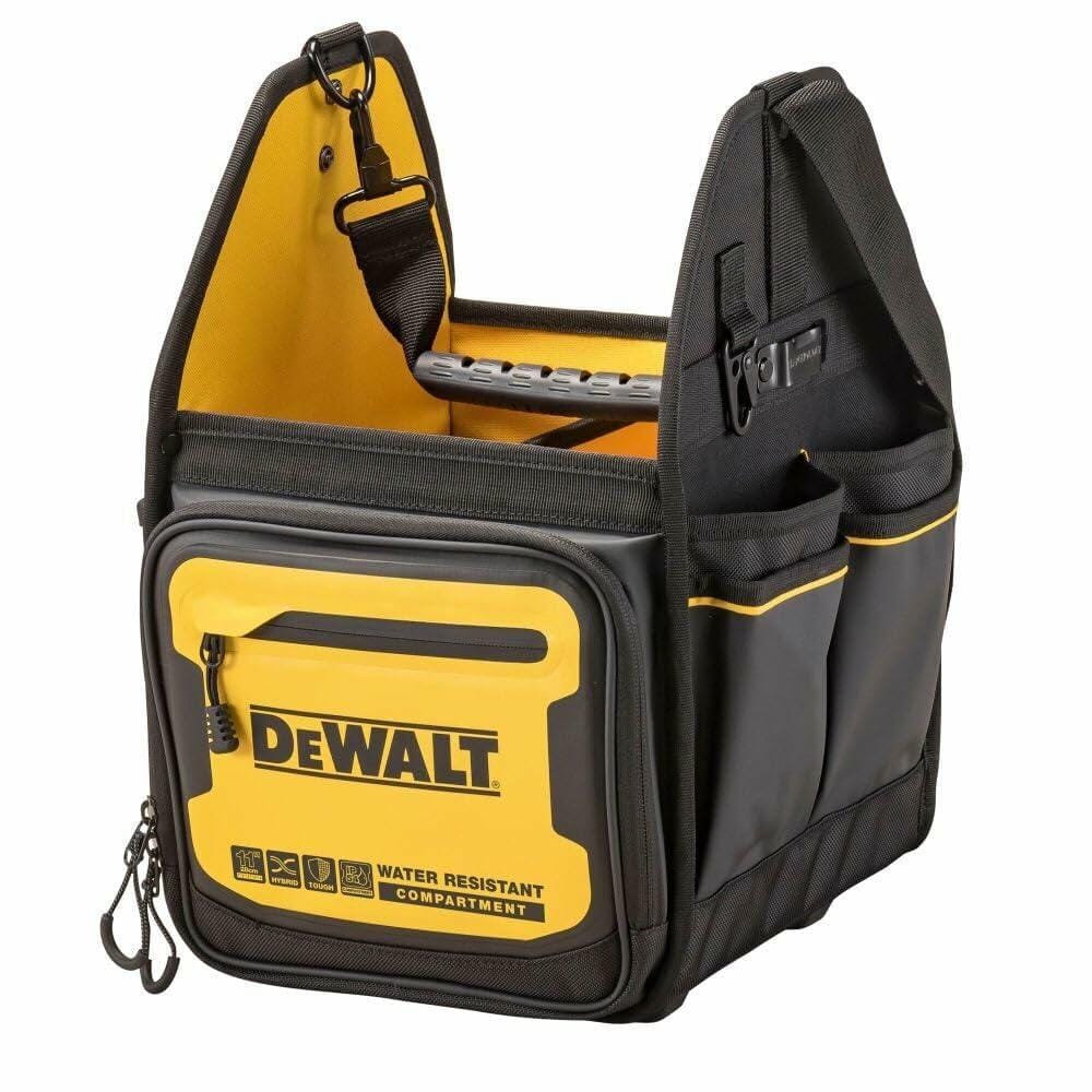 Angled view of a DEWALT tool tote bag with a padded metal handle and zippered front compartment labeled “WATER RESISTANT COMPARTMENT.” The black and yellow bag includes icons indicating water resistance and organizational features, with side pockets for additional storage.