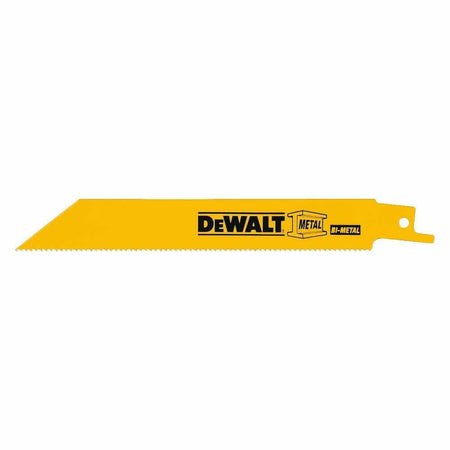 A side profile of a single yellow DEWALT 12-inch 18 TPI bi-metal reciprocating saw blade for metal cutting.