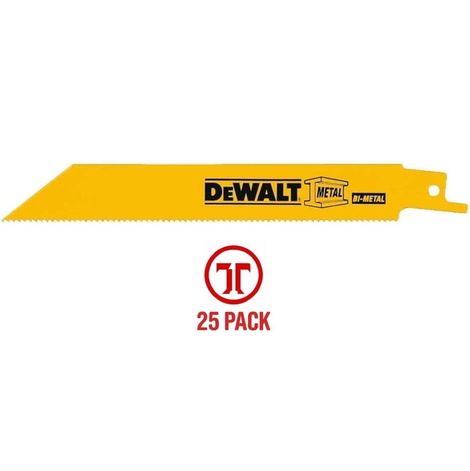A side profile of a single yellow DEWALT 12-inch 18 TPI bi-metal reciprocating saw blade for metal cutting.