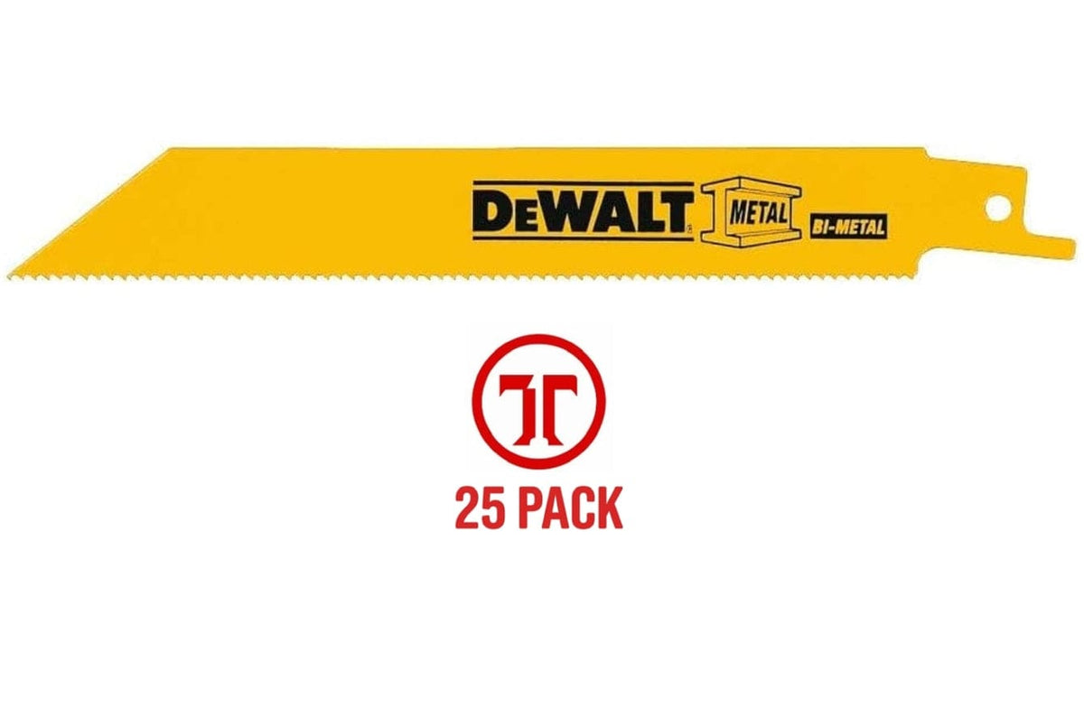 A side profile of a single yellow DEWALT 12-inch 18 TPI bi-metal reciprocating saw blade for metal cutting.