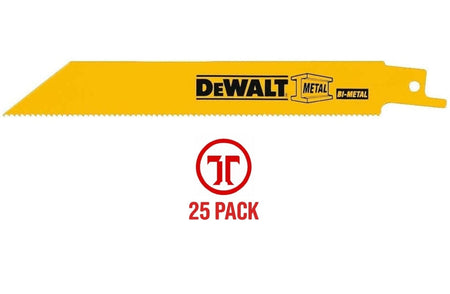 A side profile of a single yellow DEWALT 12-inch 18 TPI bi-metal reciprocating saw blade for metal cutting.