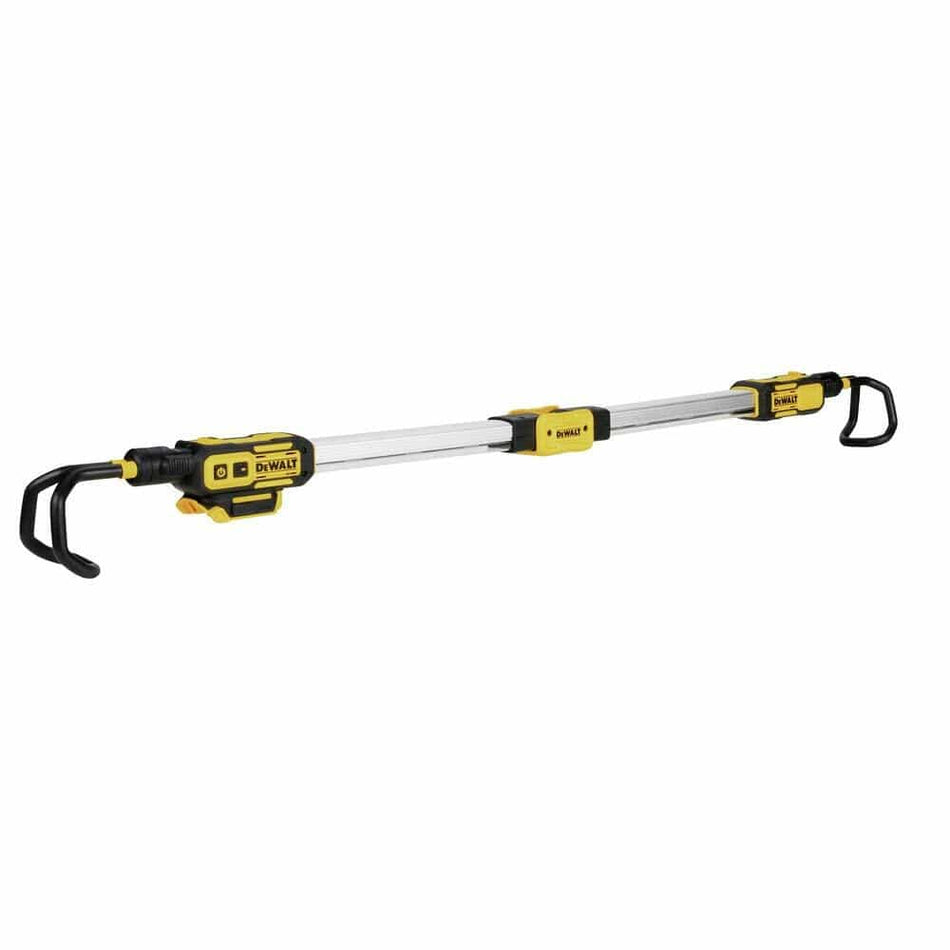 Alt Text:
DEWALT extendable LED work light with telescoping aluminum body and dual light modules. Each end includes a hook for hanging, with adjustable lighting angles for jobsite or garage use.
