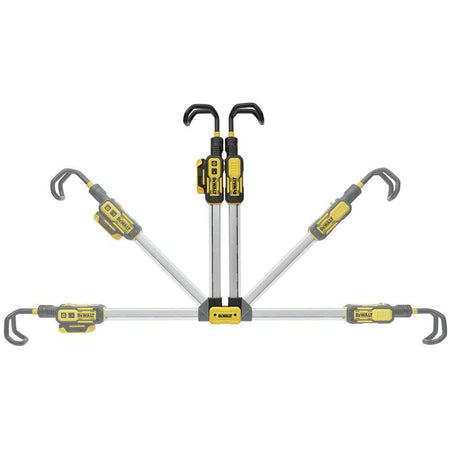 DEWALT LED hood work light with adjustable arms and hooks extended outward. The central unit houses controls and battery compartment, while the arms rotate and stretch for directional lighting in automotive or jobsite settings.