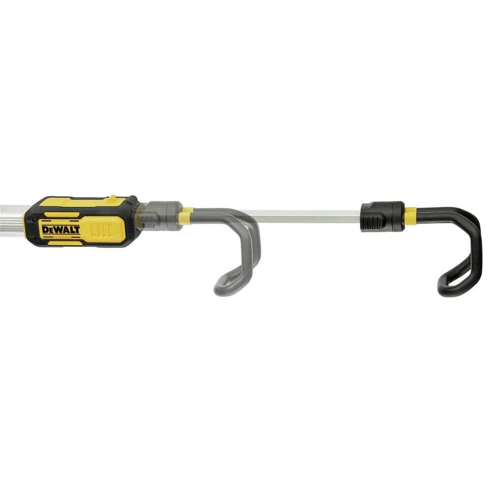 DEWALT LED work light with extendable hooks on both ends. The yellow and black body is designed for mounting or hanging in workspaces, offering adjustable lighting for garages or construction sites.
