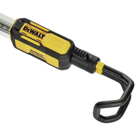 Close-up of DEWALT LED work light with rugged yellow and black casing and a hook attachment for hanging. Designed for hands-free illumination in garages, undercarriages, or construction zones.