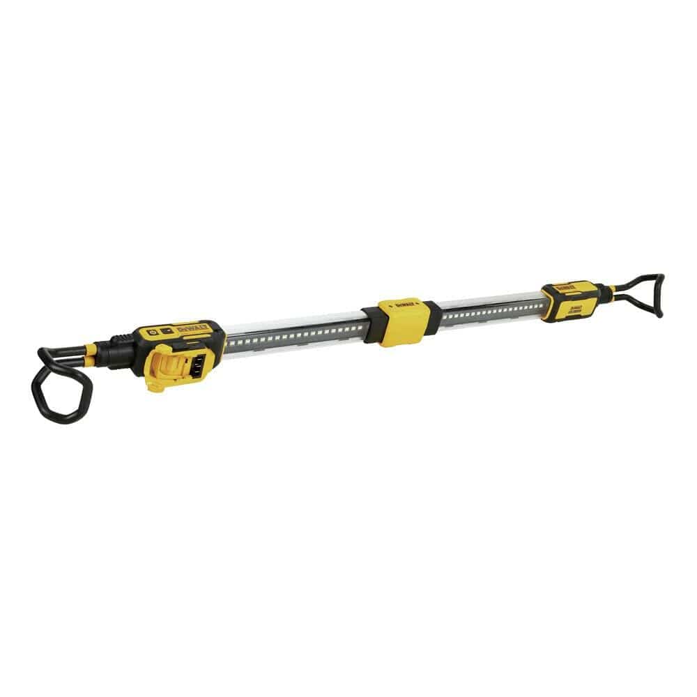 Portable DEWALT LED work light with long transparent light bar and extendable hooks. Yellow and black casing supports hands-free use in tight or dark spaces like engine bays or garages.