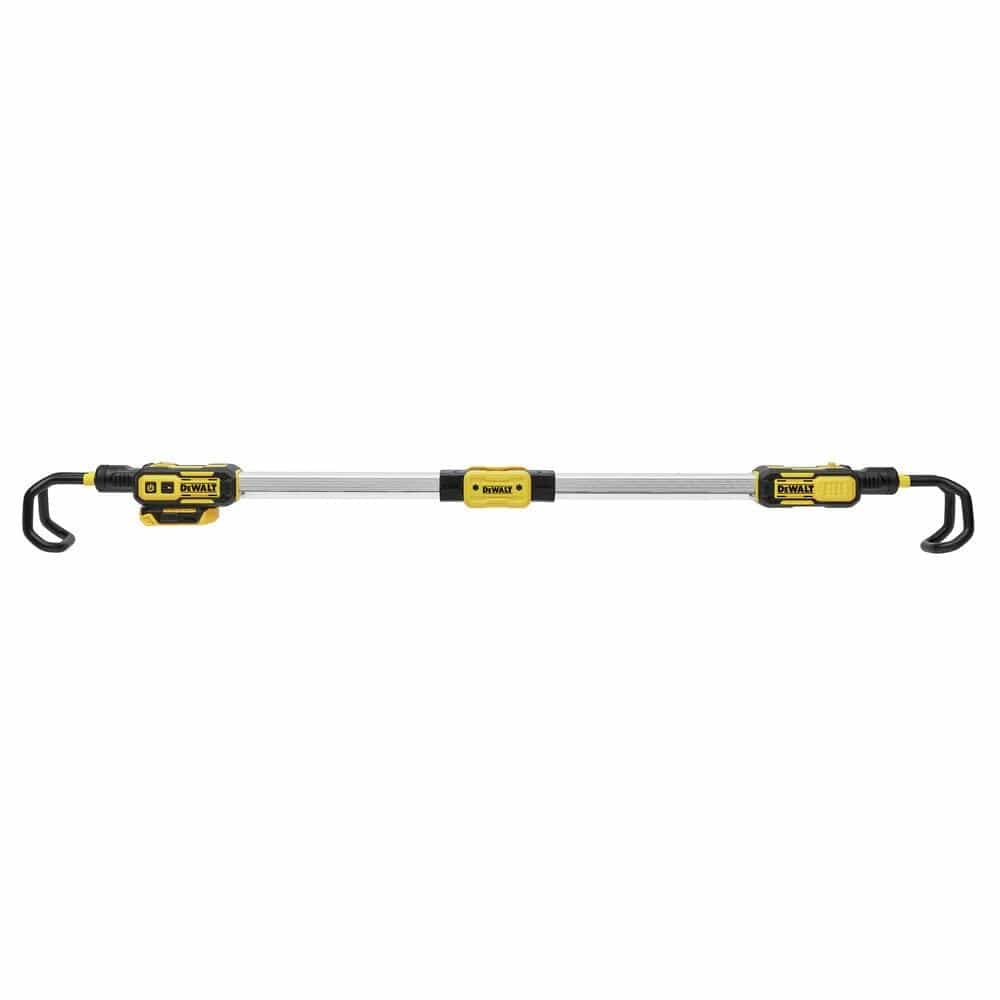 DEWALT LED work light with extendable arms and black hooks on both ends. The central body includes DEWALT branding and durable casing, designed for hanging or mounting in professional workspaces.