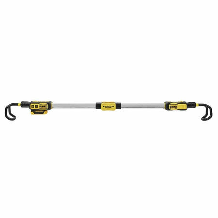 DEWALT LED work light with extendable arms and black hooks on both ends. The central body includes DEWALT branding and durable casing, designed for hanging or mounting in professional workspaces.