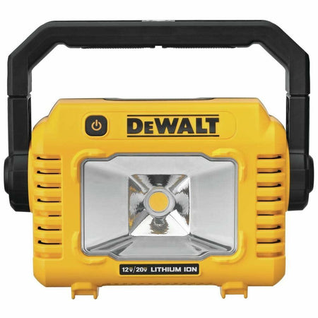 A direct front view of the yellow and black DEWALT compact LED work light, showing the main light panel and the 360-degree rotating handle in the upright position.
