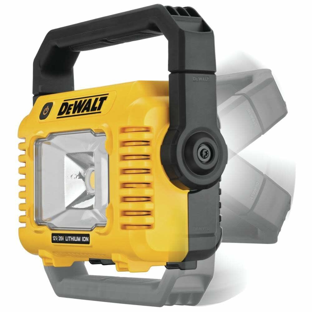 The DEWALT compact LED work light with a transparent overlay illustrating the 360-degree rotation of its handle for multiple positioning options.