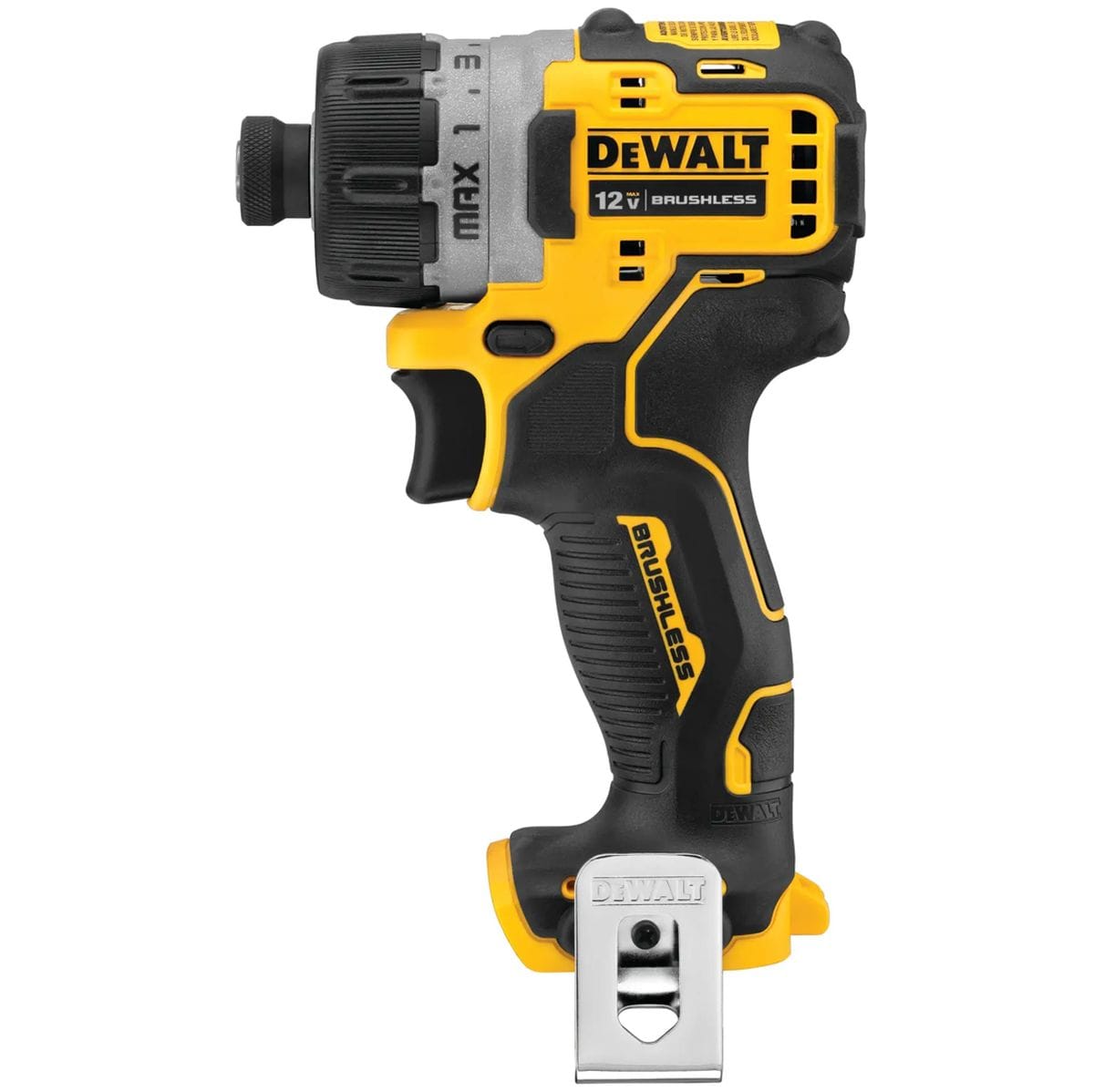 A studio profile view of the DEWALT 12V MAX XTREME brushless 1/4-inch cordless screwdriver. The image showcases the compact yellow and black design, the ergonomic textured grip, the adjustable clutch collar, and the pre-installed silver belt hook at the base.