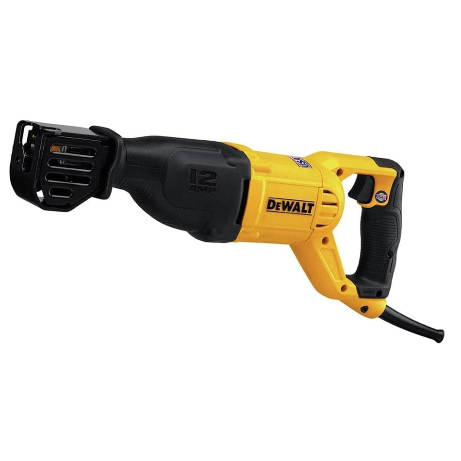 DEWALT reciprocating saw with pistol grip and trigger, labeled “12 AMP,” shown without blade, suitable for cutting wood, metal, and plastic.