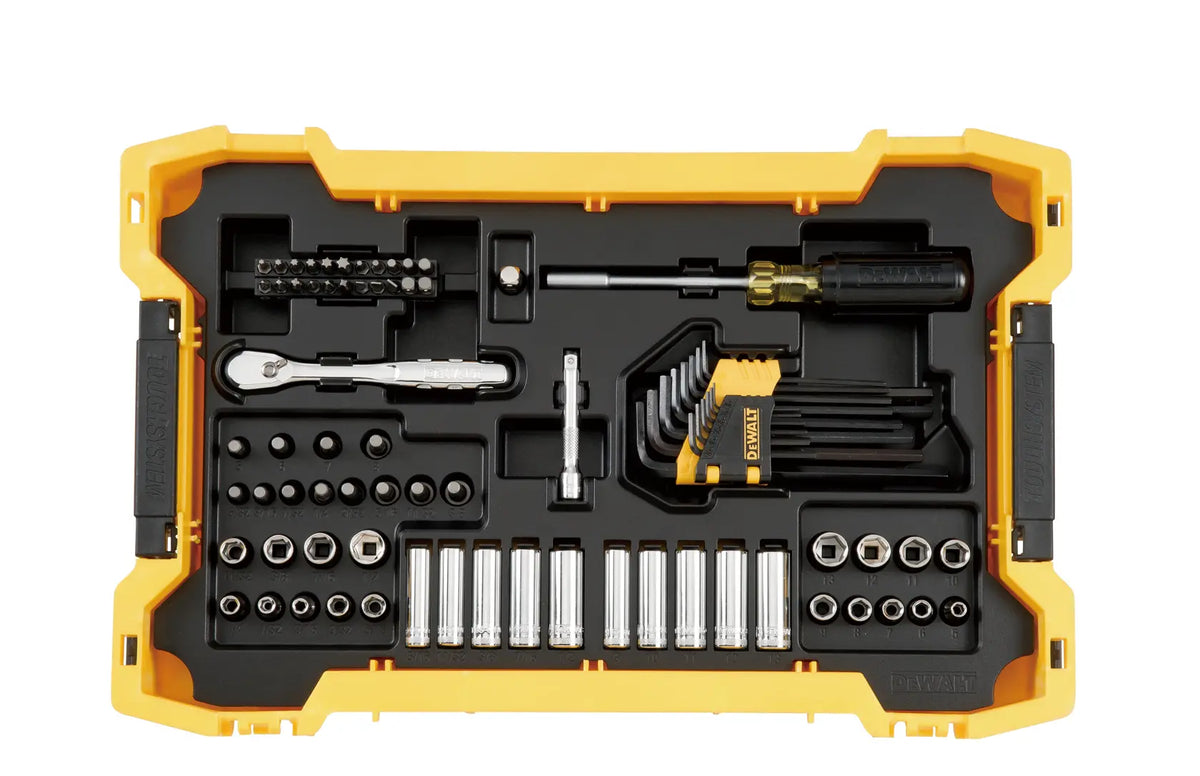 Top-down view of the first ToughSystem 2.0 tray containing the DEWALT 1/4 inch drive socket assortment, bit driver, hex keys, and nut bits in a precision-molded yellow and black organizer.