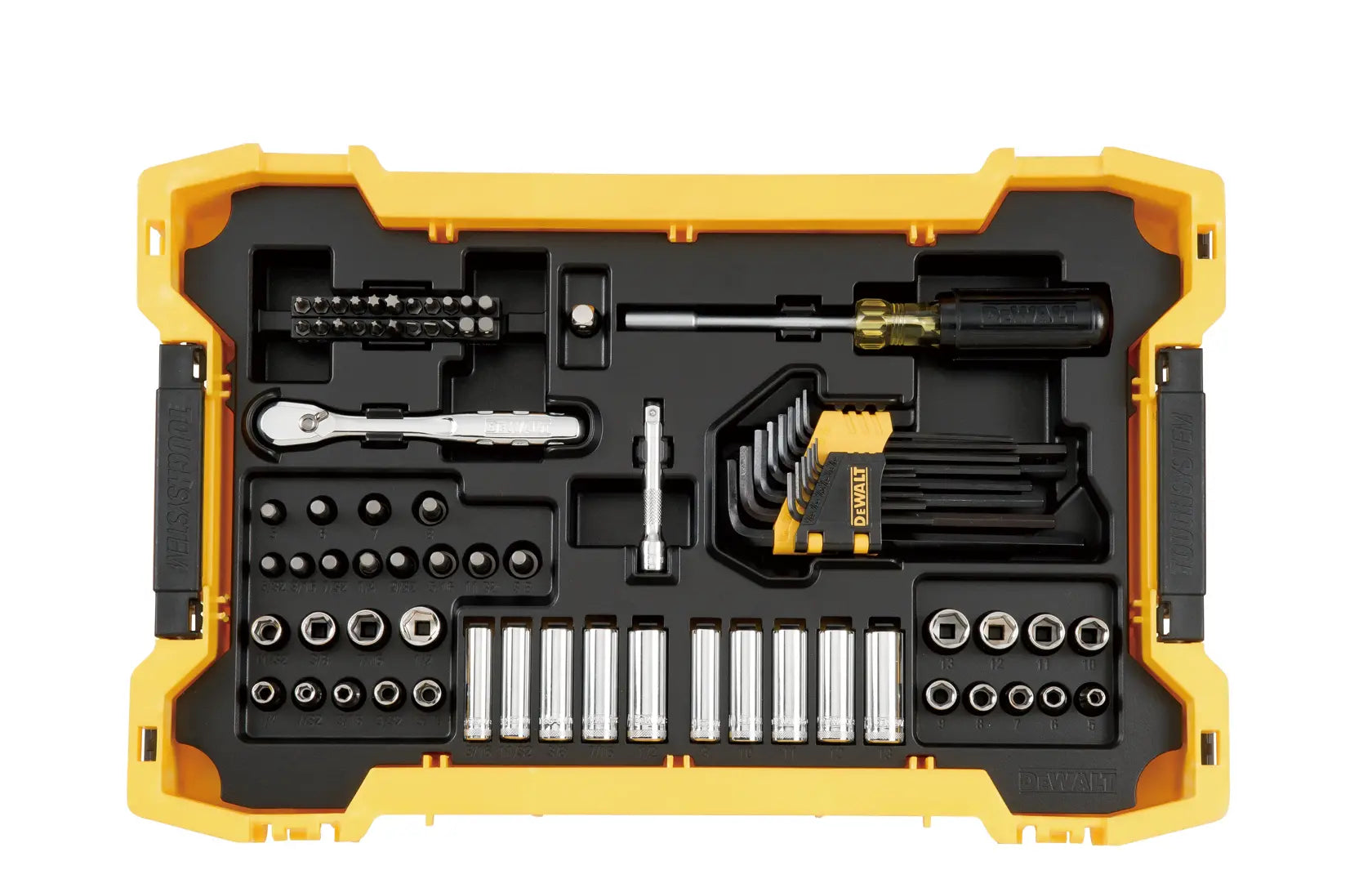 Top-down view of the first ToughSystem 2.0 tray containing the DEWALT 1/4 inch drive socket assortment, bit driver, hex keys, and nut bits in a precision-molded yellow and black organizer.