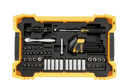 Top-down view of the first ToughSystem 2.0 tray containing the DEWALT 1/4 inch drive socket assortment, bit driver, hex keys, and nut bits in a precision-molded yellow and black organizer.