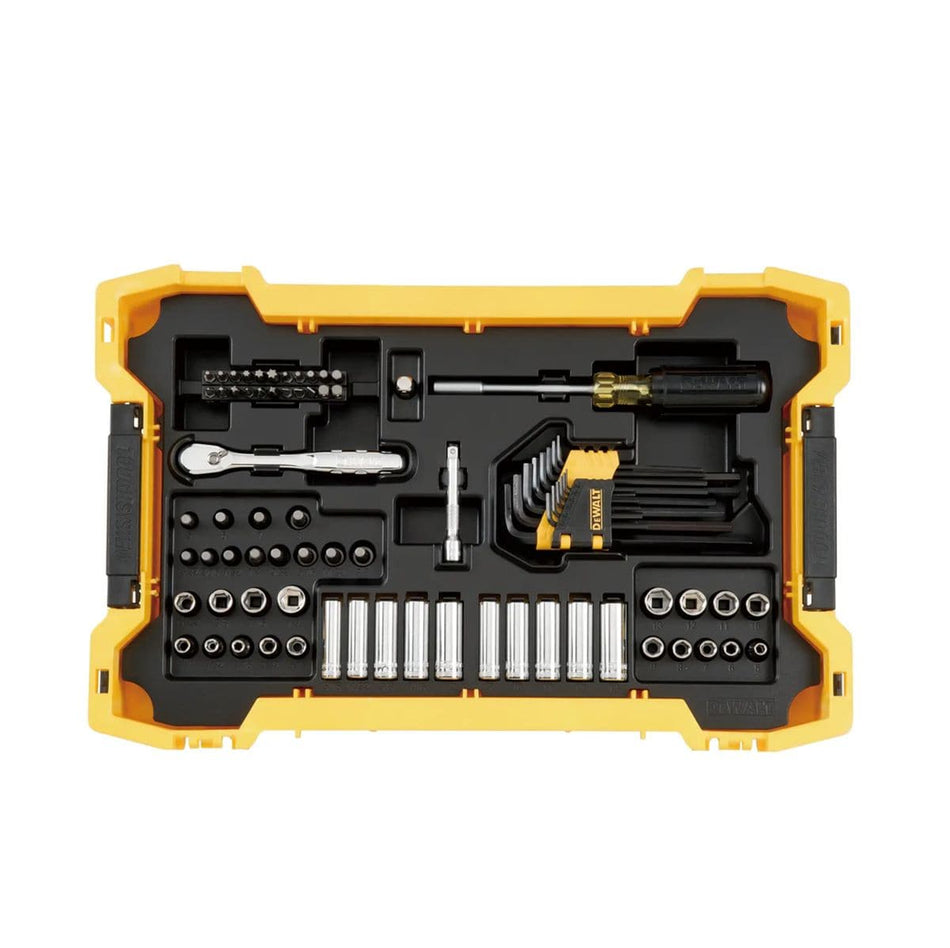 Top-down view of the first ToughSystem 2.0 tray containing the DEWALT 1/4 inch drive socket assortment, bit driver, hex keys, and nut bits in a precision-molded yellow and black organizer.