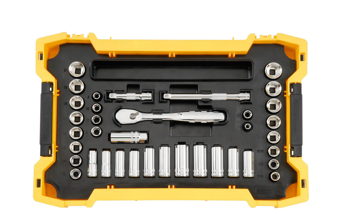Overhead view of the second ToughSystem 2.0 tray featuring the DEWALT 3/8 inch drive ratchets, extension bars, and a comprehensive set of deep and standard SAE and Metric sockets.