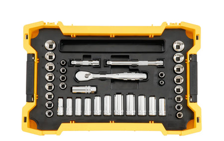 Overhead view of the second ToughSystem 2.0 tray featuring the DEWALT 3/8 inch drive ratchets, extension bars, and a comprehensive set of deep and standard SAE and Metric sockets.