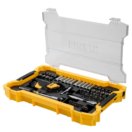 The DEWALT 1/4 inch drive mechanic tool tray shown with its transparent ToughSystem 2.0 lid open, highlighting the secure tool retention and easy-access layout of the specialty bits and sockets.