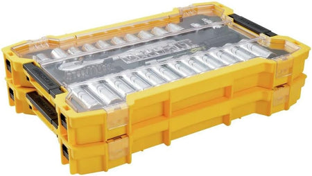 Two DEWALT ToughSystem 2.0 shallow tool trays stacked together with clear lids, demonstrating the space-saving modular storage design for mechanics and technicians.