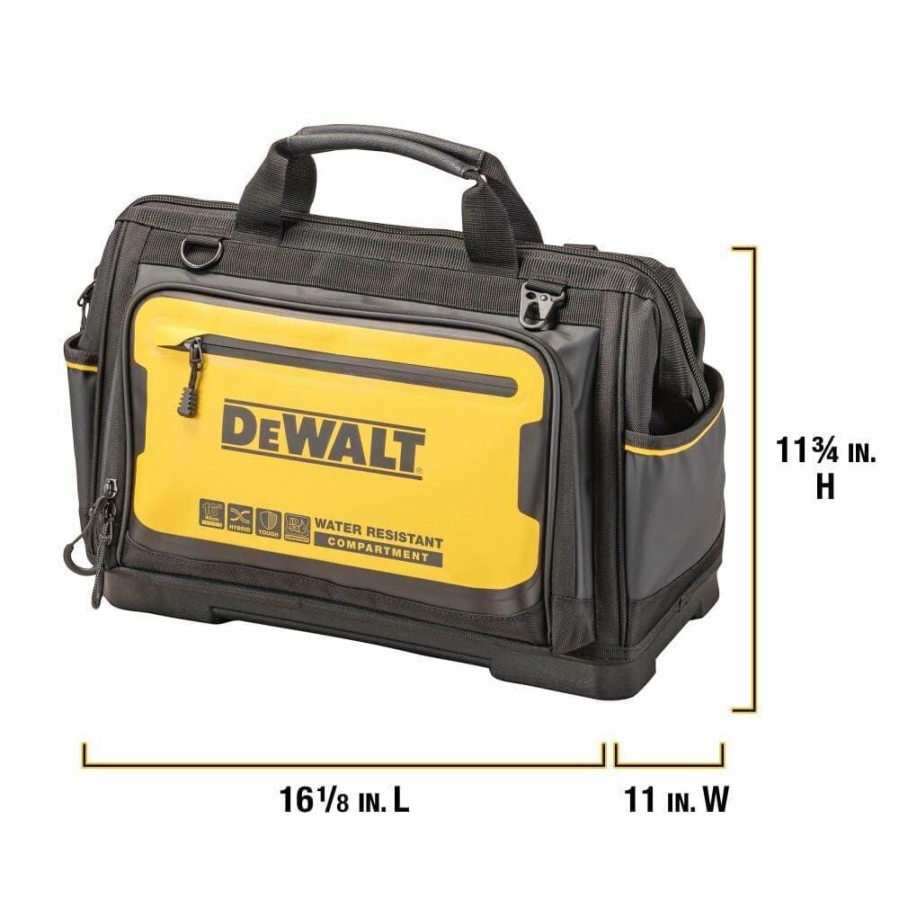 The DEWALT Pro Tool Bag with callout lines indicating its dimensions: 16 and 1/8 inches long, 11 inches wide, and 11 and 3/4 inches high.