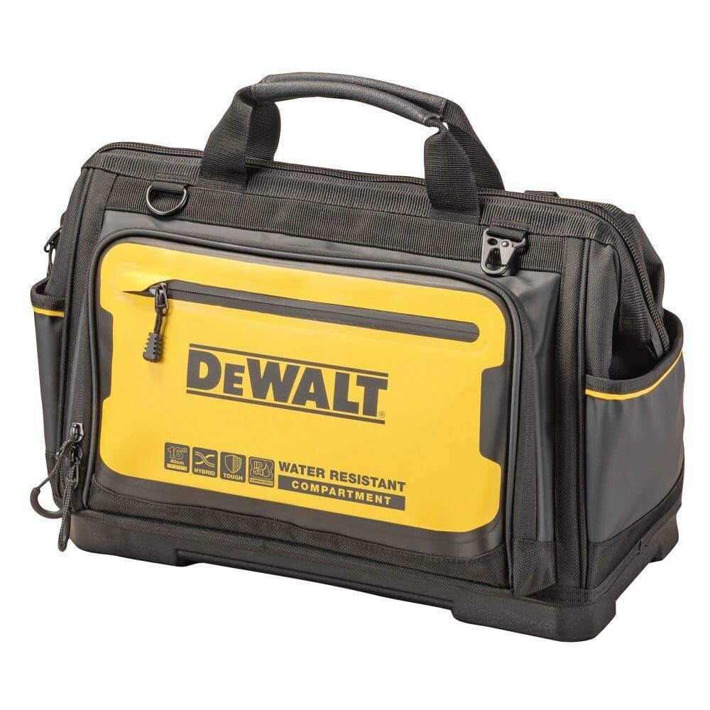 The DEWALT Pro Tool Bag shown at a three-quarter angle, displaying the front and side pockets.