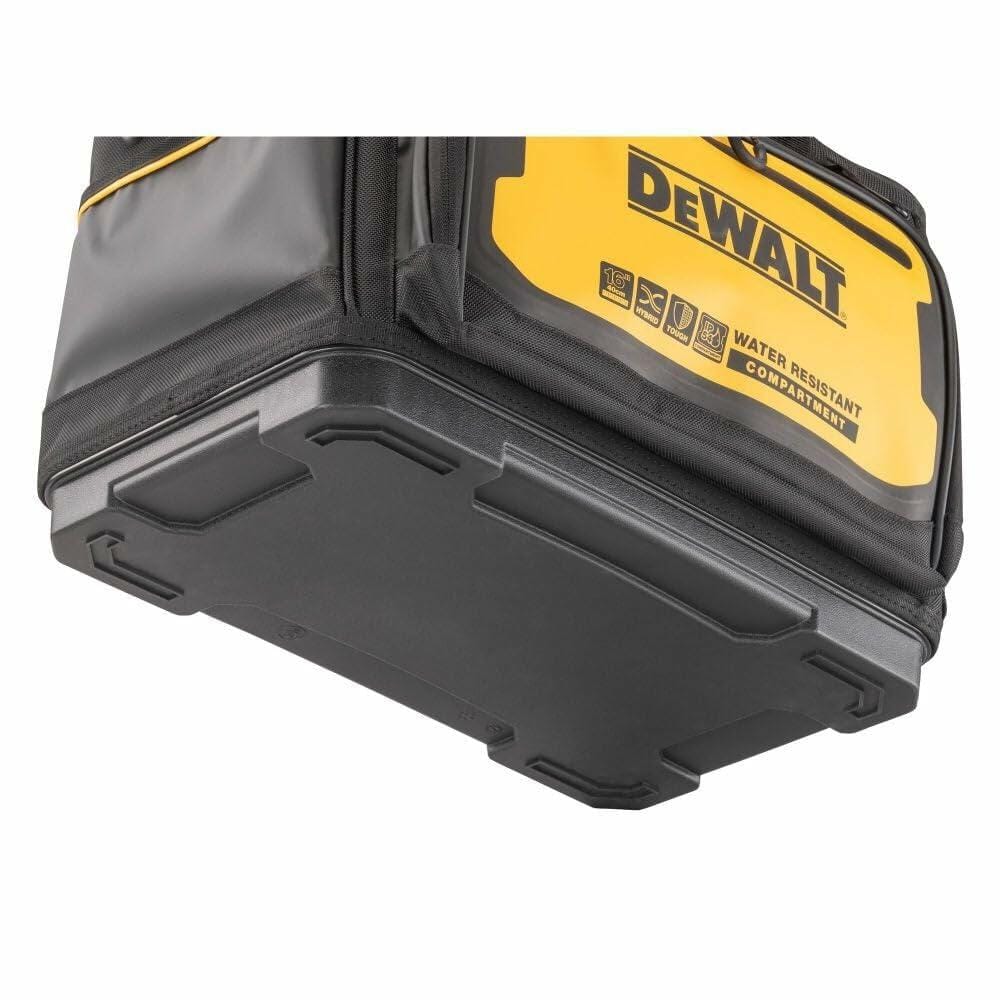 A view of the bottom of the DEWALT tool bag, showing the rugged, waterproof, hard plastic base.