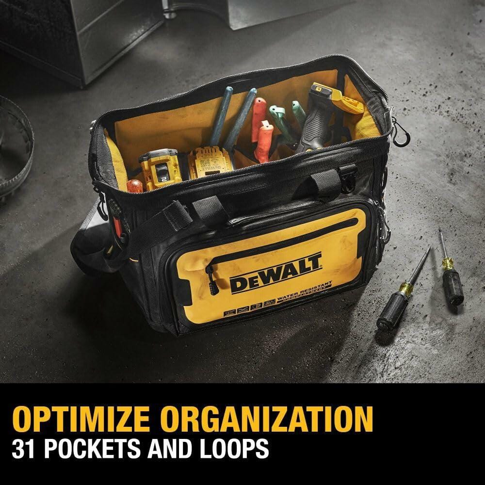 The DEWALT Pro Tool Bag is shown open and filled with various power tools and hand tools, with text below that reads "Optimize Organization, 31 Pockets and Loops".