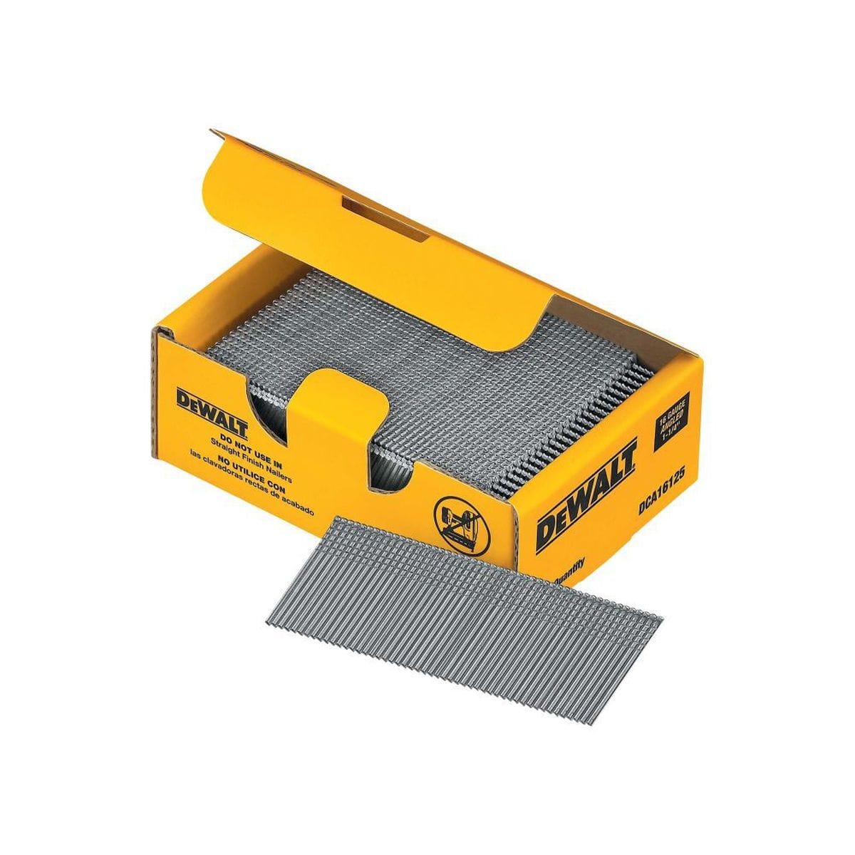 An open box of DEWALT DCA16125 16 gauge 20 degree angled finish nails showing the internal nail strips and a single plastic collated strip of 1-1/4 inch hot galvanized fasteners.