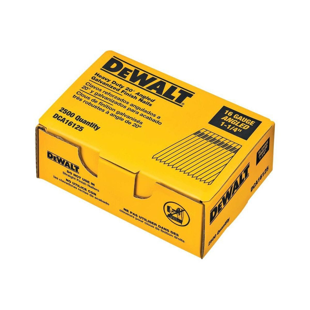 Retail packaging for the DEWALT 2500 quantity case of 16 gauge 20 degree angled finish nails model DCA16125 highlighting the heavy duty galvanized construction and 1-1/4 inch length.