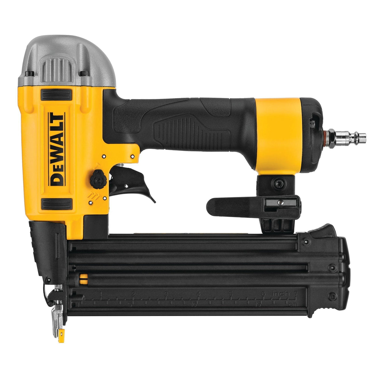Side profile of the DEWALT DWFP12233 Precision Point brad nailer showcasing the ergonomic yellow and black pneumatic body and the integrated rear air fitting.