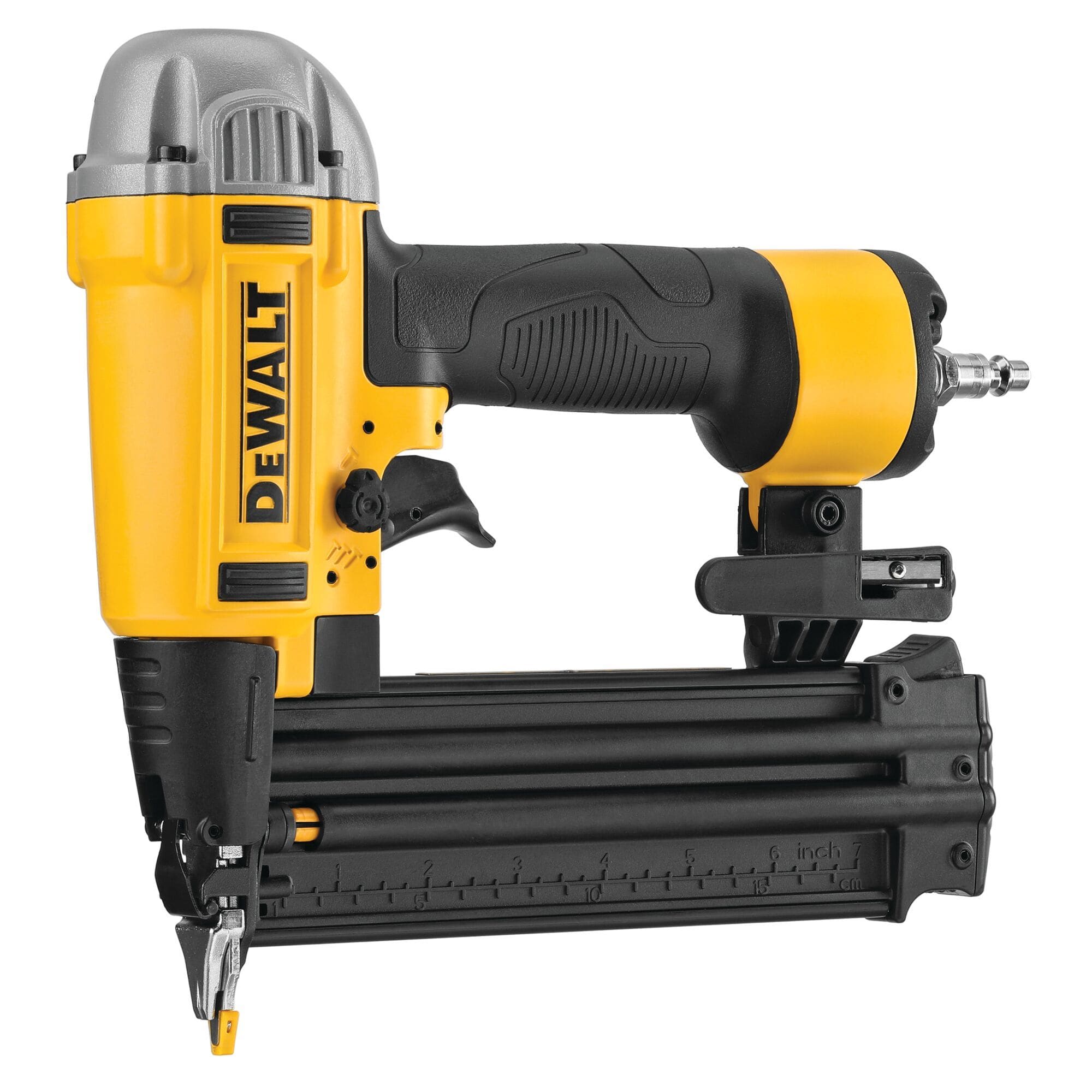 Angled view of the DEWALT 18 GA pneumatic finish nailer highlighting the Precision Point nose design and the high-capacity magazine for 5/8 inch to 2-1/8 inch brad nails.