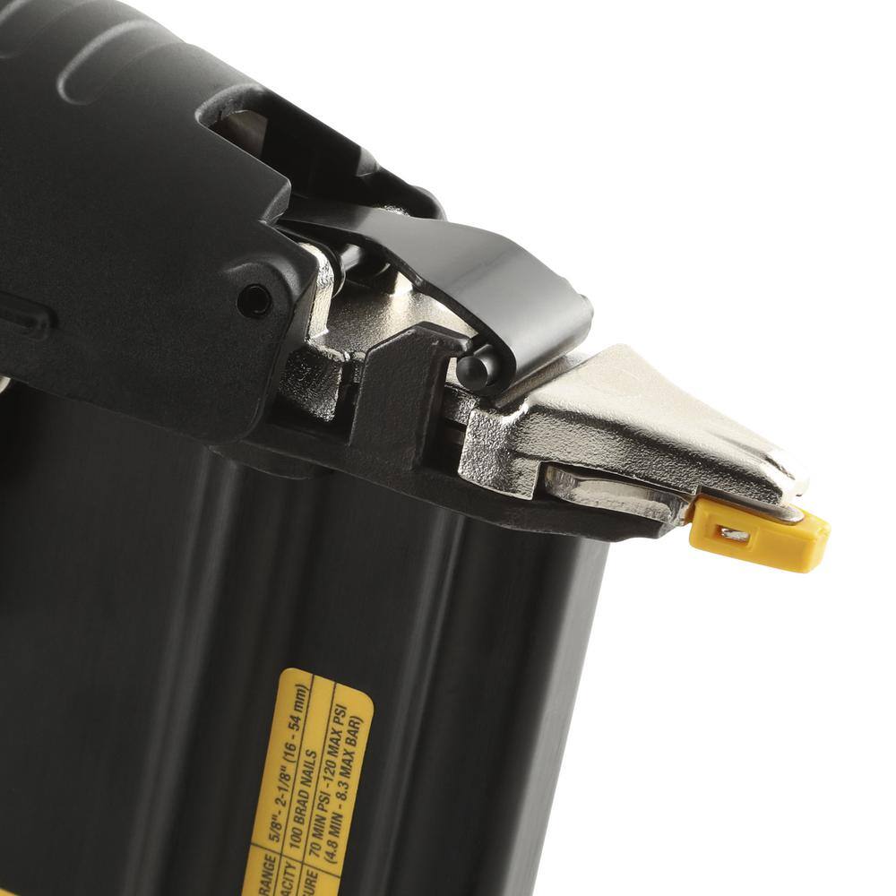 Detailed close up of the Precision Point nose on the DEWALT brad nailer with a yellow no-mar tip designed for exact nail placement and surface protection.