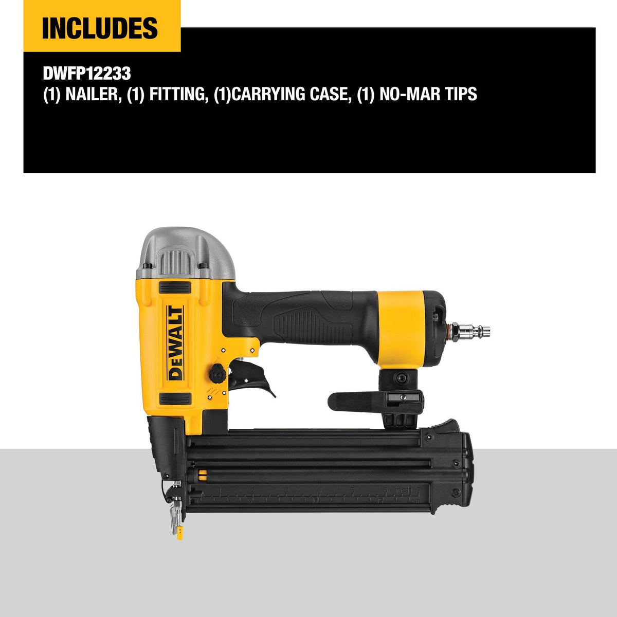 DEWALT DWFP12233 kit overview showing the 18 GA brad nailer, air fitting, heavy-duty carrying case, and replacement no-mar tips included in the package.
