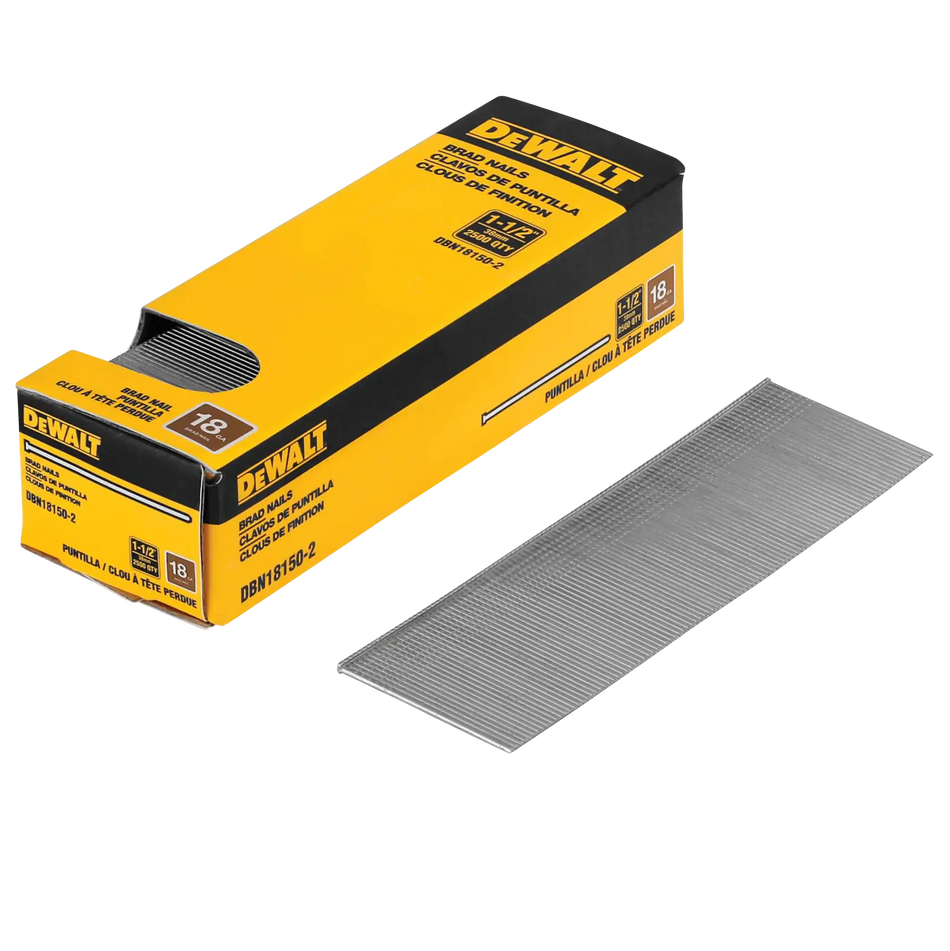 DEWALT DBN18150-2 retail box with a strip of 18-gauge brad nails featuring text highlighting that these fasteners fit most standard 18-gauge pneumatic and cordless brad nailers.
