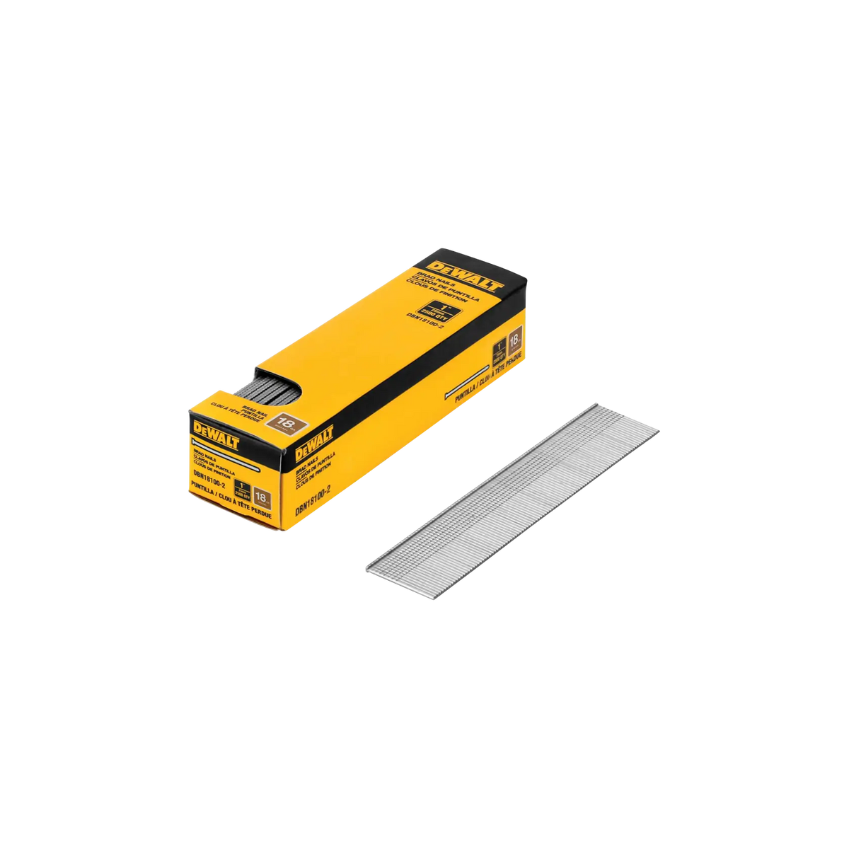 Industrial yellow DEWALT box for the DBN18100-2 brad nails displayed with a 2,500-pack nail strip for high-visibility and easy identification on the jobsite.