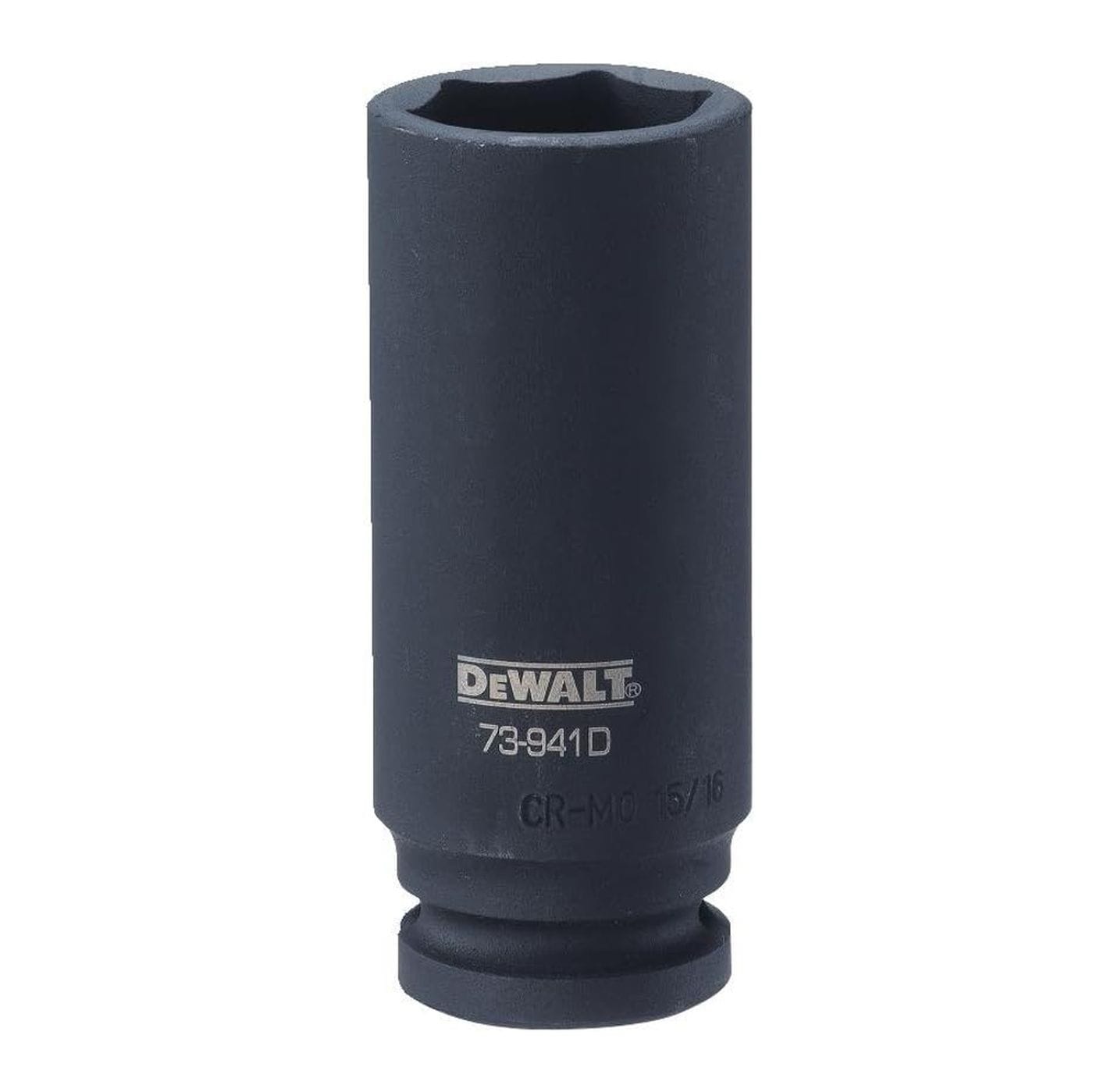 DEWALT 1/2 inch drive 15/16 inch 6-point impact socket featuring a heavy duty CR-440 steel body with a corrosion resistant black oxide finish and high visibility laser etched markings.