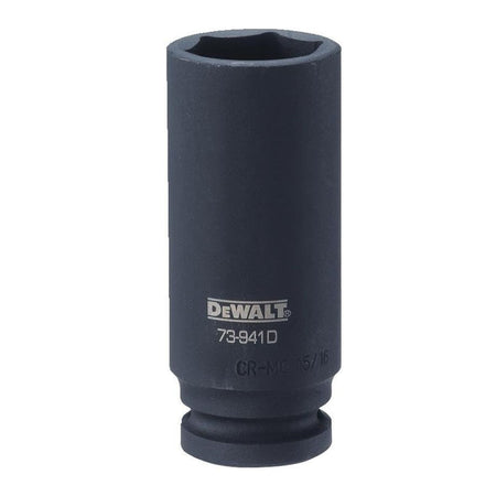 DEWALT 1/2 inch drive 15/16 inch 6-point impact socket featuring a heavy duty CR-440 steel body with a corrosion resistant black oxide finish and high visibility laser etched markings.