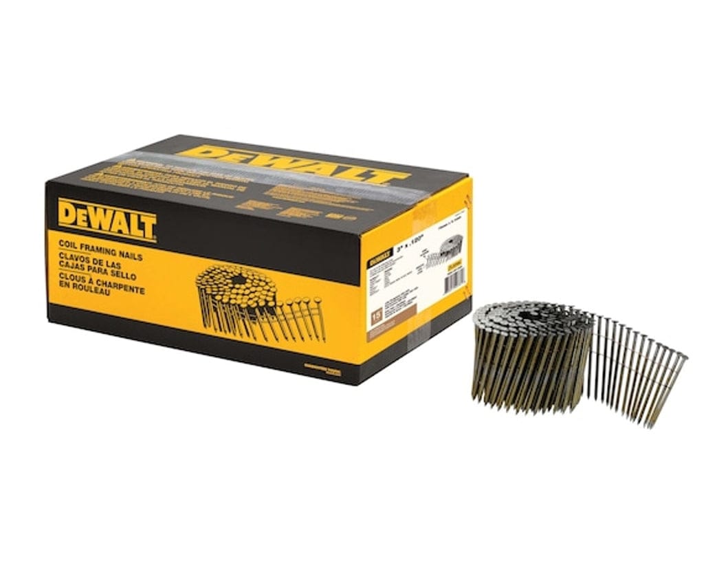 DEWALT-branded box of coil framing nails displayed next to a coil of nails. The packaging includes multilingual labeling and product identification, emphasizing the nails’ compatibility with pneumatic nailers and suitability for outdoor sheathing and structural framing.