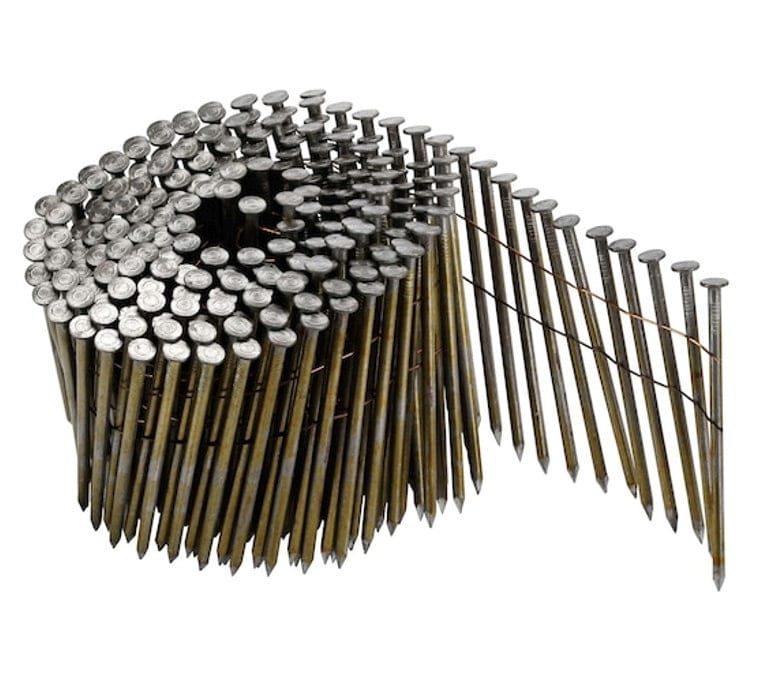 Close-up of a coil of DEWALT collated framing nails arranged in a spiral pattern. Each nail features a flat round head, diamond point tip, and smooth shank, designed for use in pneumatic nail guns for efficient fastening in construction and framing applications
