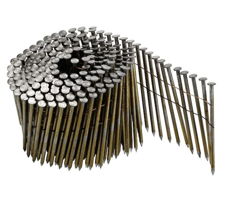 Close-up of a coil of DEWALT collated framing nails arranged in a spiral pattern. Each nail features a flat round head, diamond point tip, and smooth shank, designed for use in pneumatic nail guns for efficient fastening in construction and framing applications