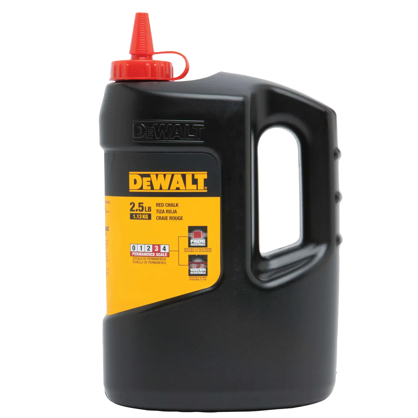 A front-facing studio shot of the DEWALT 2.5 lb bottle of high-visibility red marking chalk. The image displays the black, non-roll oval bottle with an integrated handle, a red tethered pop-top spout for mess-free pouring, and a yellow product label indicating its fade and water resistance for professional jobsite layout.