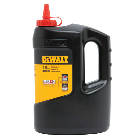 A front-facing studio shot of the DEWALT 2.5 lb bottle of high-visibility red marking chalk. The image displays the black, non-roll oval bottle with an integrated handle, a red tethered pop-top spout for mess-free pouring, and a yellow product label indicating its fade and water resistance for professional jobsite layout.