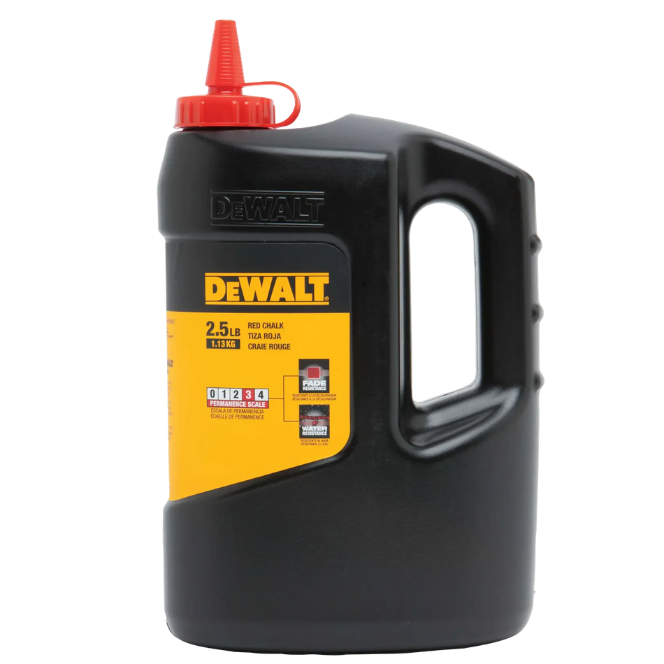 A front-facing studio shot of the DEWALT 2.5 lb bottle of high-visibility red marking chalk. The image displays the black, non-roll oval bottle with an integrated handle, a red tethered pop-top spout for mess-free pouring, and a yellow product label indicating its fade and water resistance for professional jobsite layout.