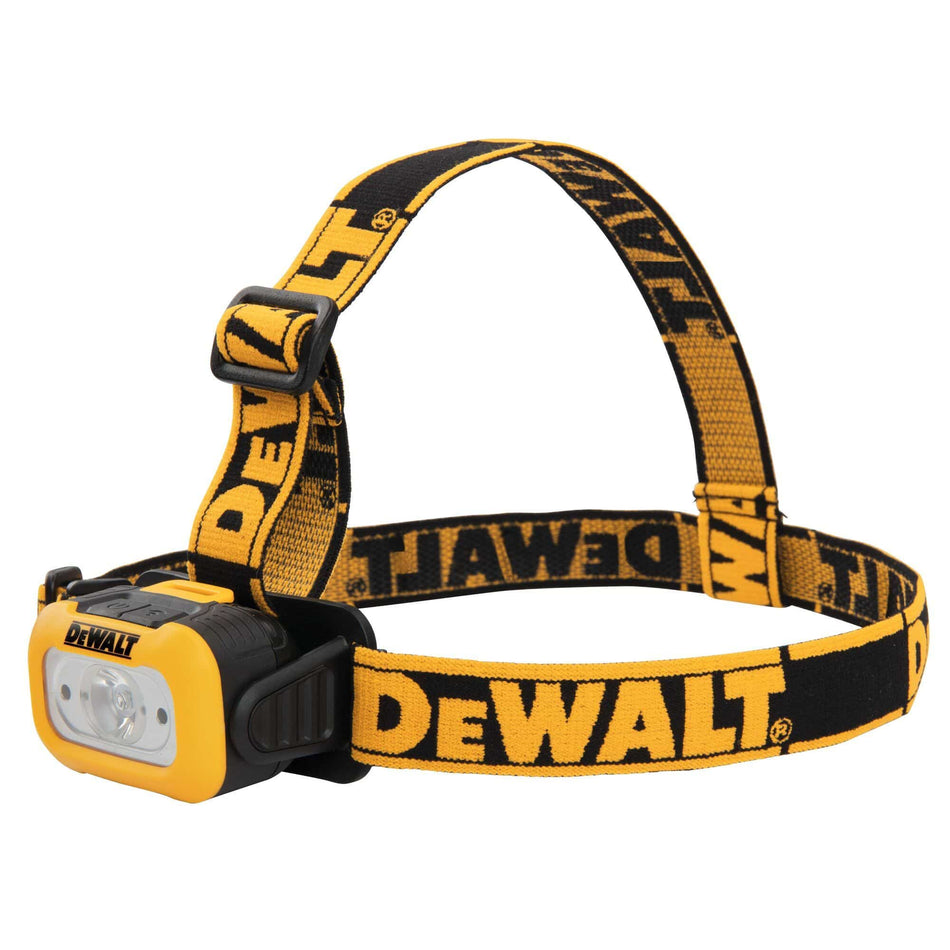 Side view of the DEWALT 200 lumen LED headlamp with adjustable yellow and black branded elastic straps featuring a top stability strap for secure hands-free lighting.