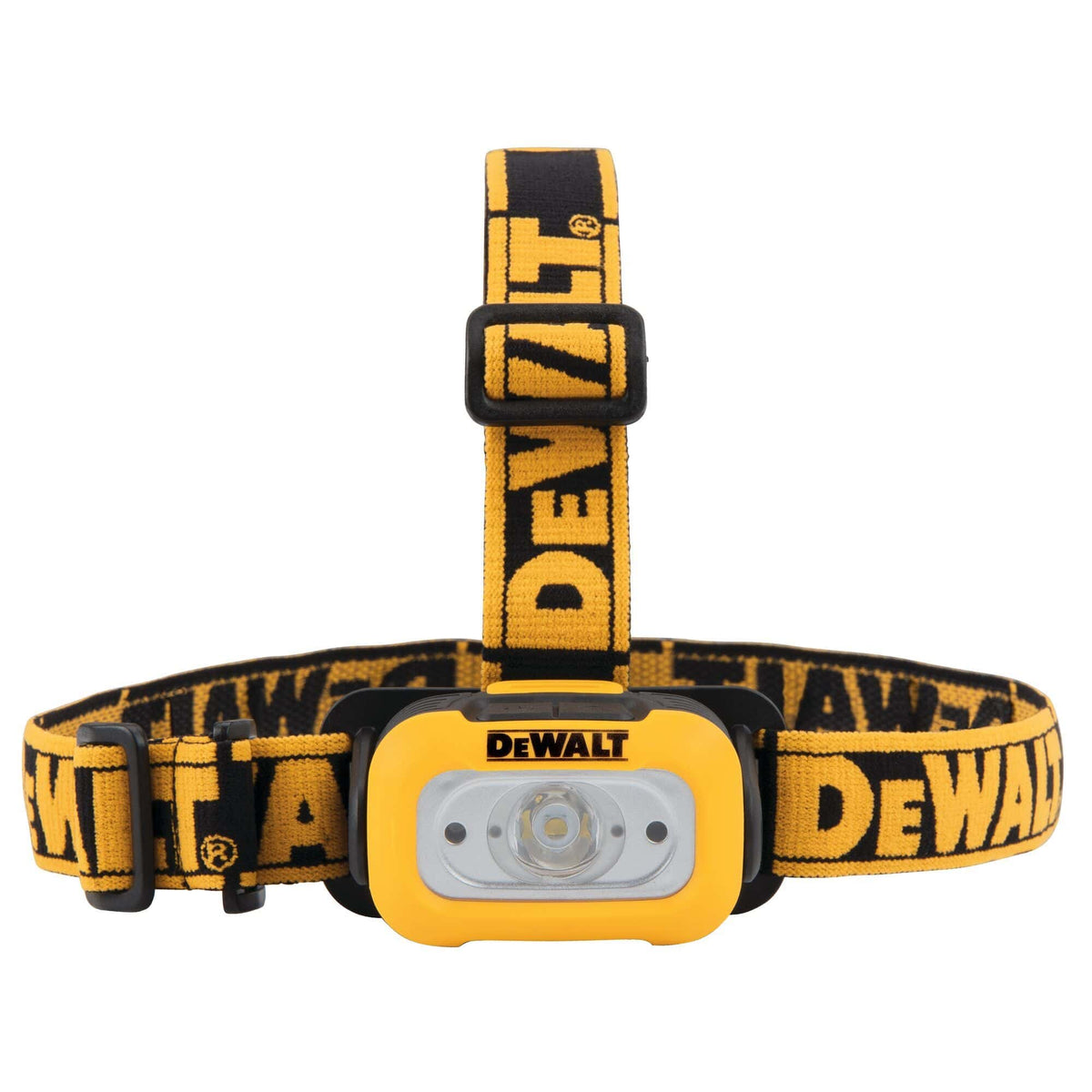 Front view of the DEWALT motion sensor headlamp showcasing the central LED bulb and dual sensor ports on a yellow faceplate with heavy-duty black housing.